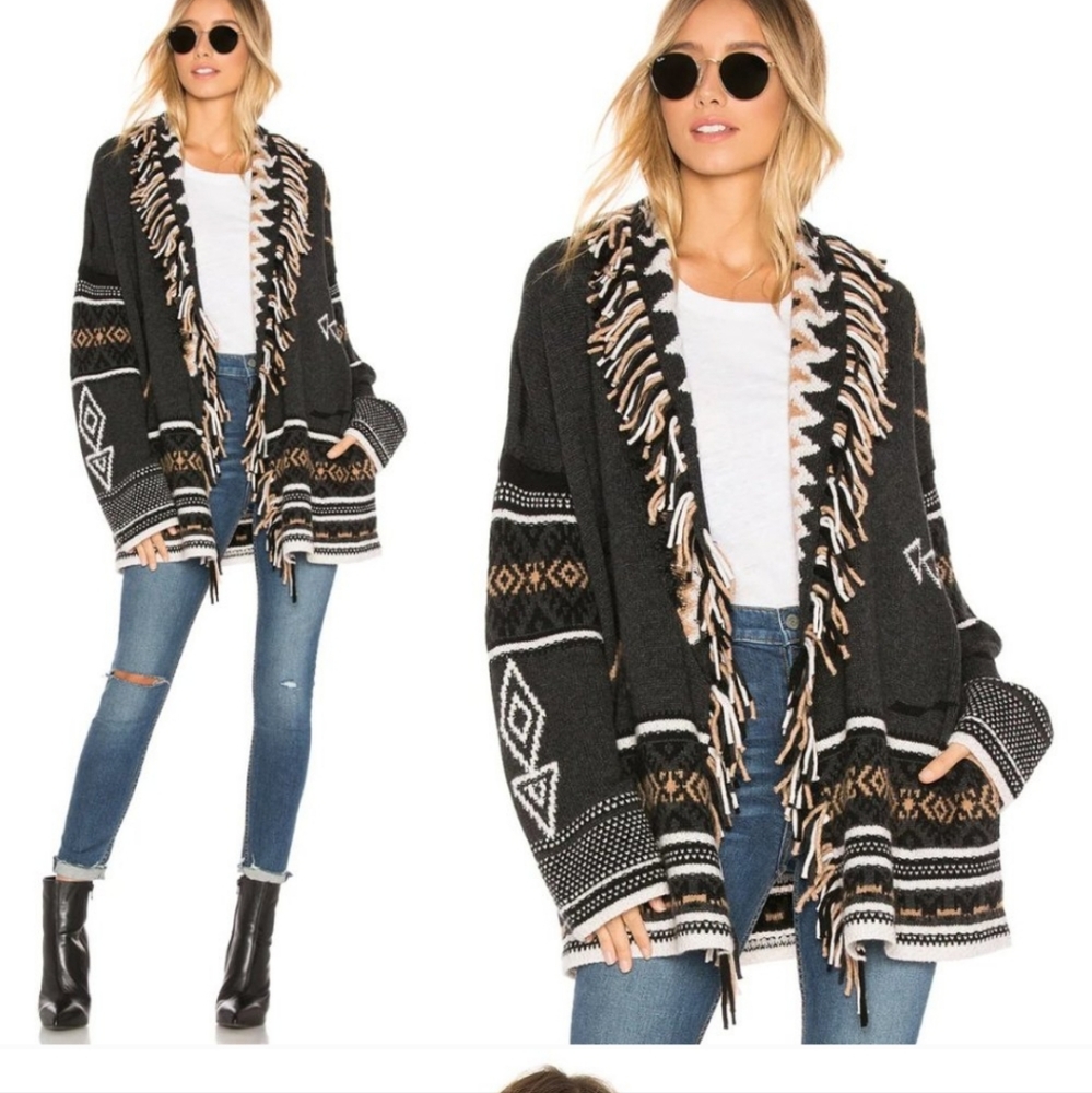 360 Cashmere Vivian Fringed cardigan in Graphite and multi